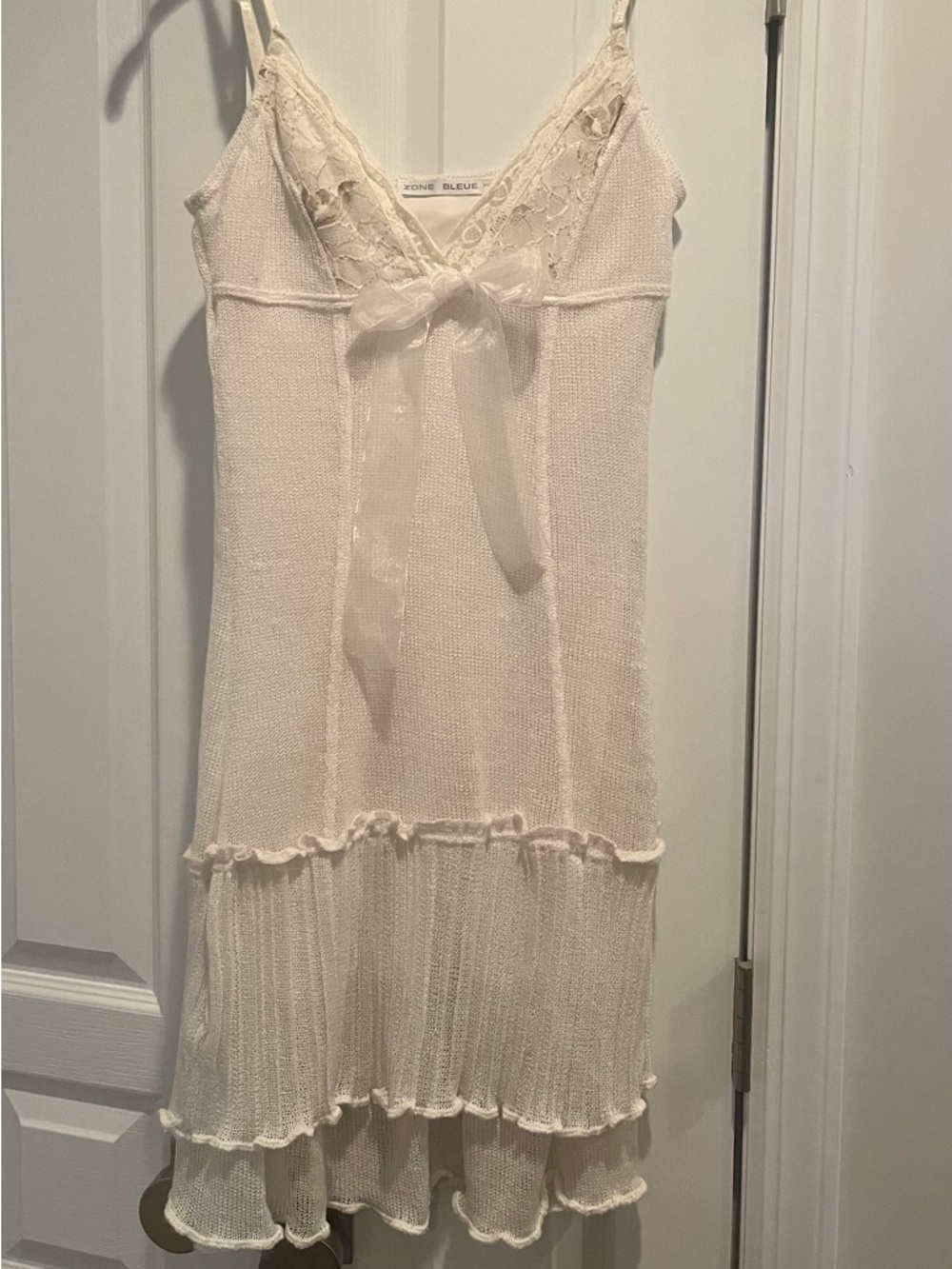 Zone Bleue Cream Lace-Trim Slip Dress with Sheer Bow